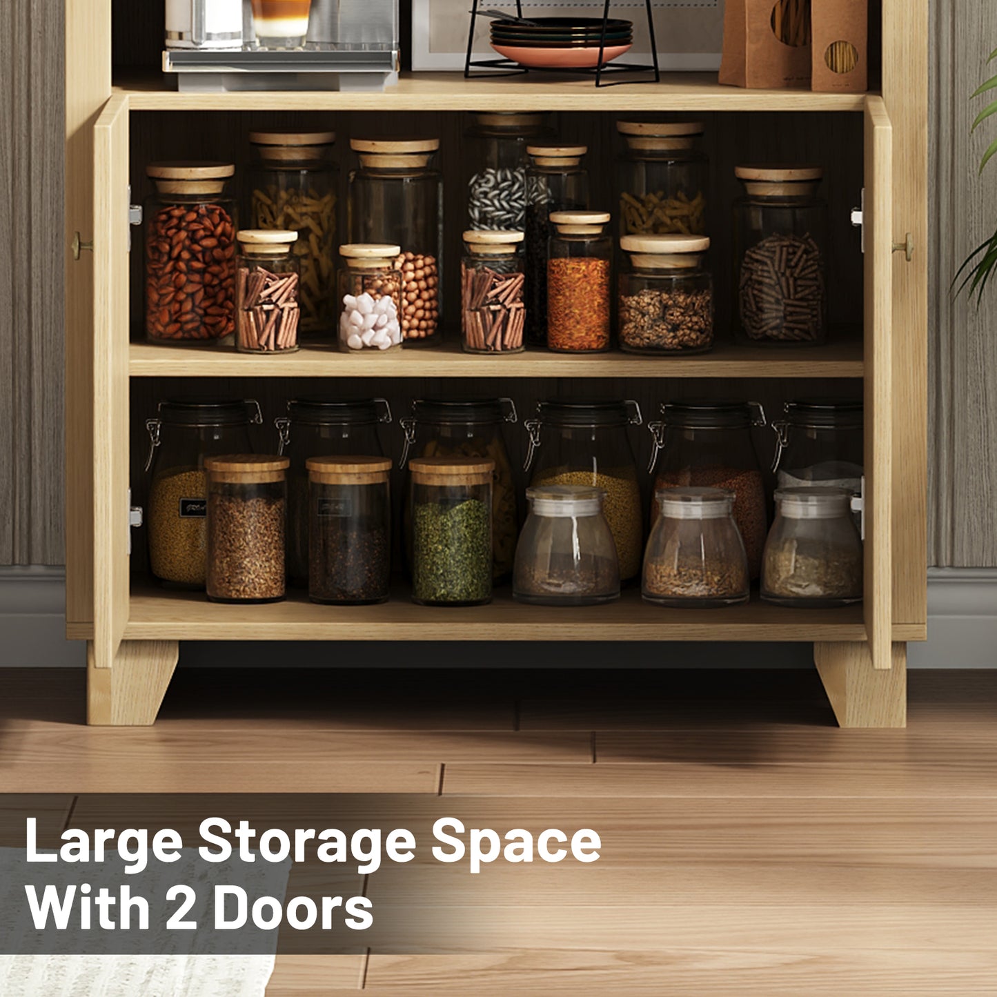 70'' Tall Arched Cabinet, Arched Kitchen Pantry Cabinet with 2 Doors and 5shelves, Open Storage Cabinets Display Bookcase, Versatile Cupboard for Living Room(Wood color)