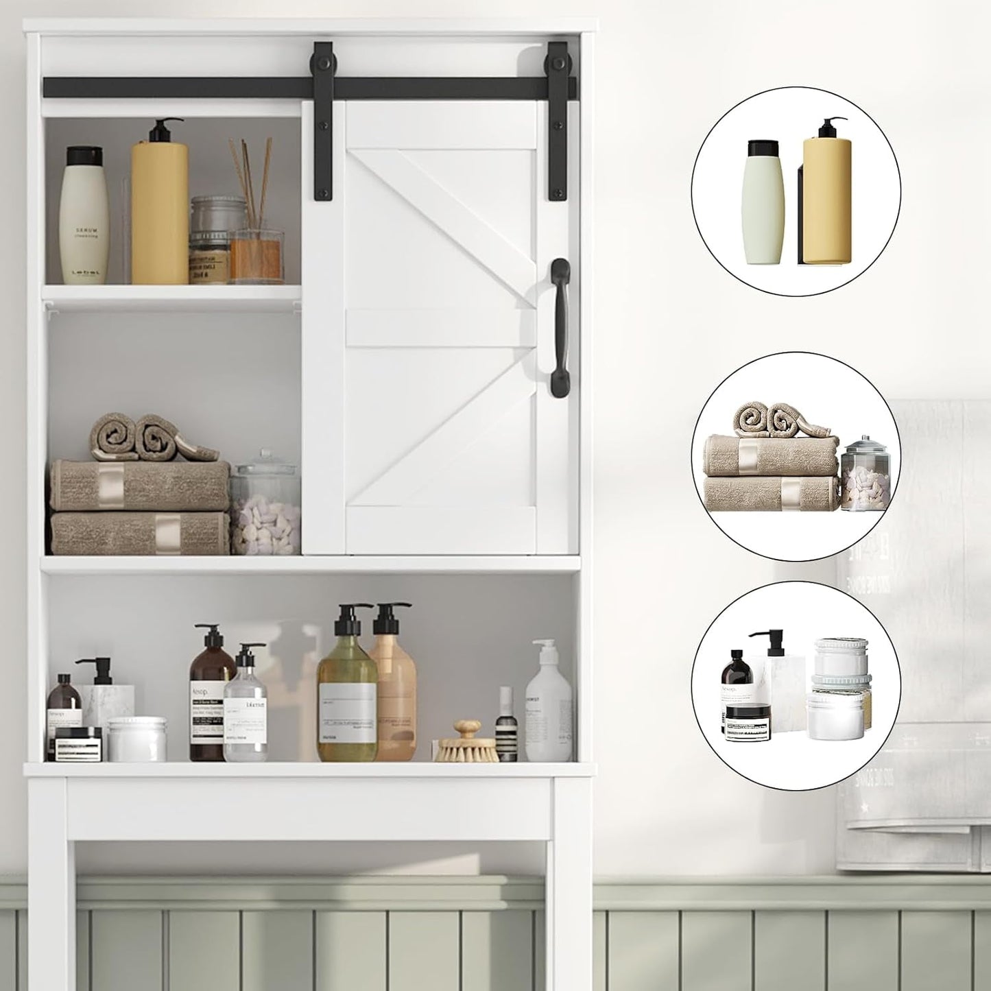Over the Toilet Storage Cabinet with Sliding Barn Door, Anti-Tipping Design, Waterproof, Adjustable Shelves for Bathroom/Laundry Room Organization