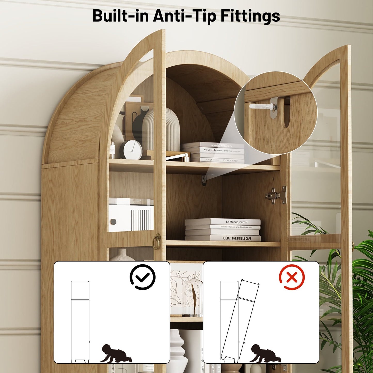 71'' Arched Kitchen Pantry Cabinet & Display Cabinet with Glass Doors, 4 Shelves, 2 Drawers, Solid Wood Legs, Suitable for Kitchen, Bedroom and Living Room, for Easy Storage