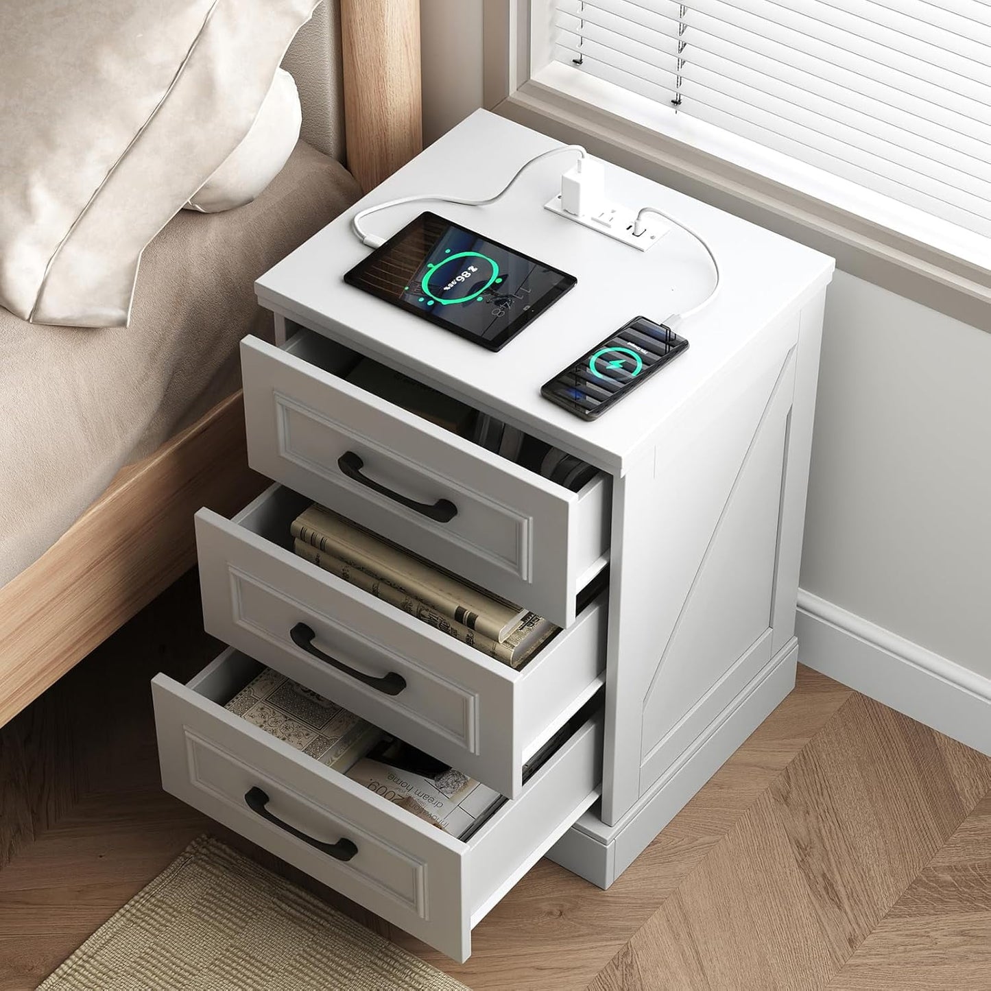 NEGYLIM 2-Piece Nightstand, Farmhouse End Table with Charging Station, 3 Drawers Storage for Bedroom
