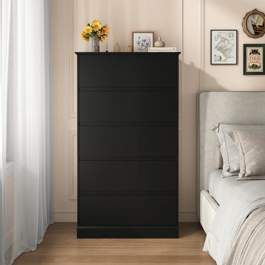 5 Drawer Dresser for Bedroom, 15.8" D x 27.6" W x 48.4" H in Simply Modern Chest of Drawers, Wood Storage Dresser with Deep Drawers for Living Room Hallway Entryway, Black