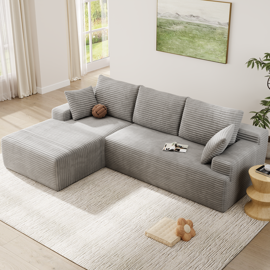104" Modular L-Shaped Sectional Sofa, No Assembly Required Boneless Sofa with Chaise, High Resilience Foam & Corduroy Fabric, for Living Room Bedroom,(Oyster White)