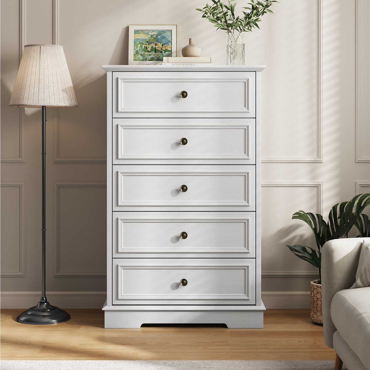 NEGYLIM Chest of Drawers for Bedroom, 5 Drawer Dresser, Modern Storage Cabinet Dresser Organizer Unit with Antique Bronze Round Handles for Living Room, Closet, Hallway, Entryway