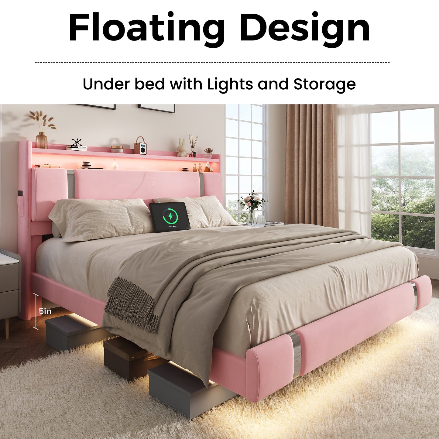 NEGYLIM Floating Bed Frame Queen Size with LED Lights, Easy to Assemble, Metal Platform Bed with Storage Headboard, No Box Spring Needed, Pink