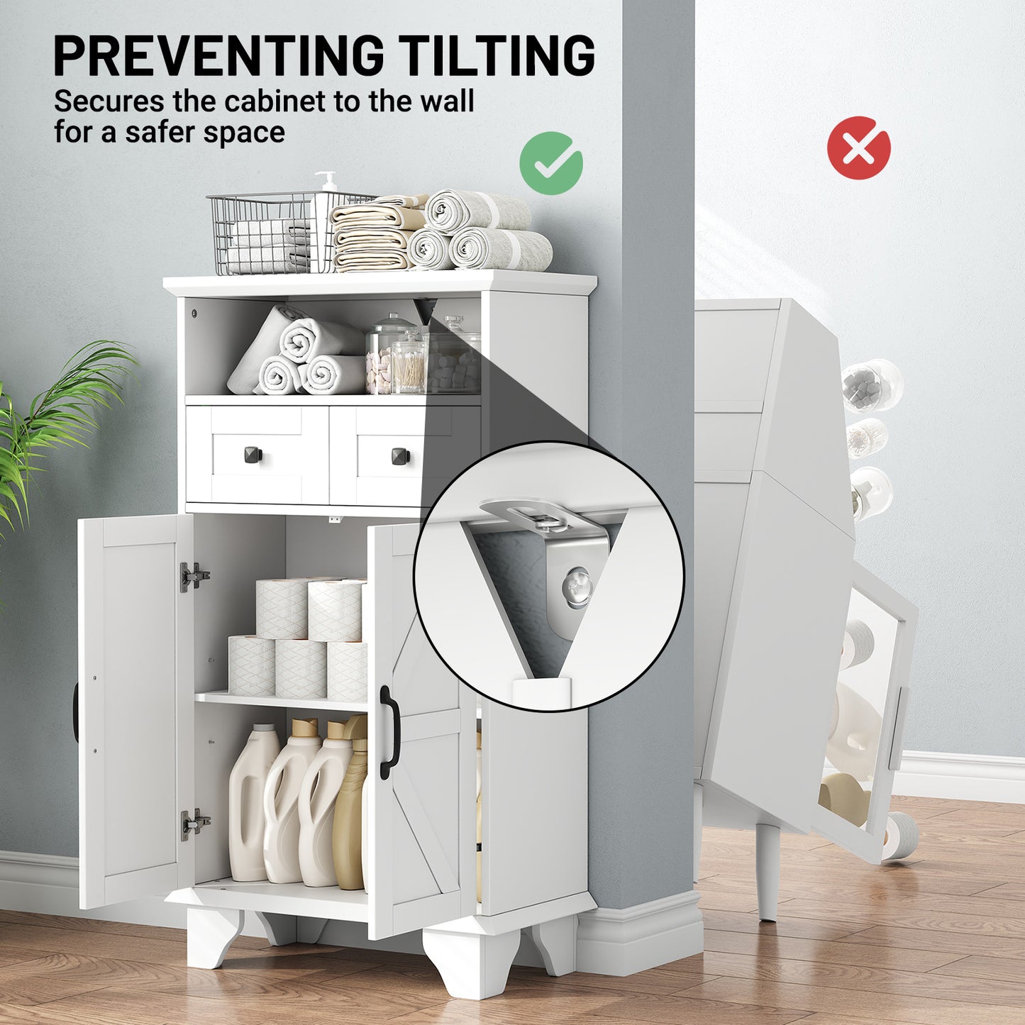 Bathroom Storage Cabinet, Farmhouse Bathroom Floor Cabinet freestanding with Doors and Drawers, 41.3"H Bathroom Organizer with Adjustable Shelf, White