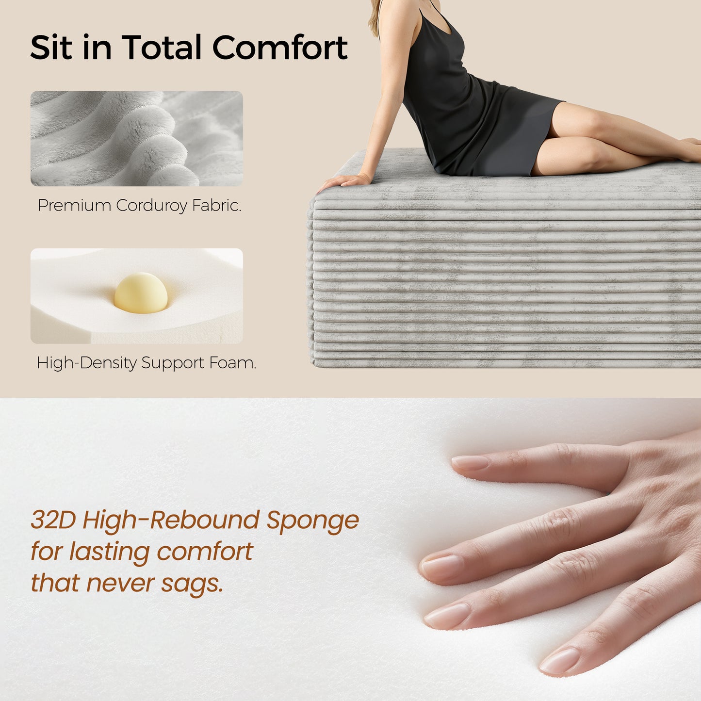 Oversized Sofa Ottoman Footrest, Matching Cushion for L-Shaped Sofa to Create U-Shaped Sectional , Large Seat Stool, High Resilience Foam & Corduroy Fabric, for Living Room Bedroom, (Oyster White)