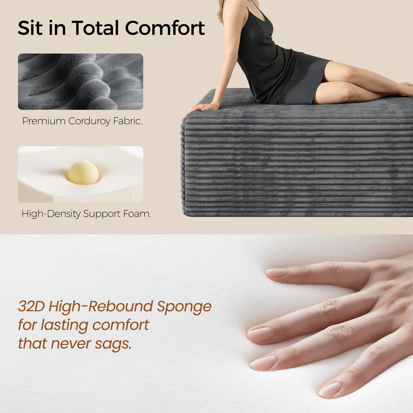 Oversized Sofa Ottoman Footrest, Matching Cushion for L-Shaped Sofa to Create U-Shaped Sectional , Large Seat Stool, High Resilience Foam & Corduroy Fabric, for Living Room Bedroom, (Charcoal)