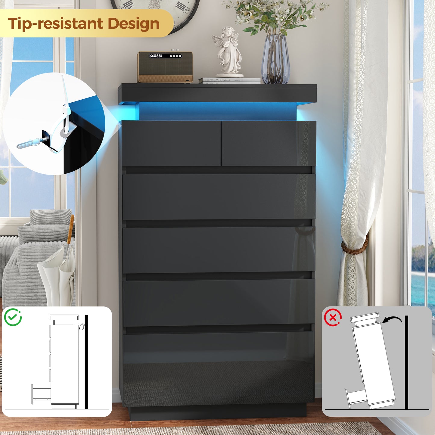 NEGYLIM 6 Drawer Black Dresser, High Gloss Dresser with LED Light for Bedroom, Living Room, Hallway, Easy Assembly