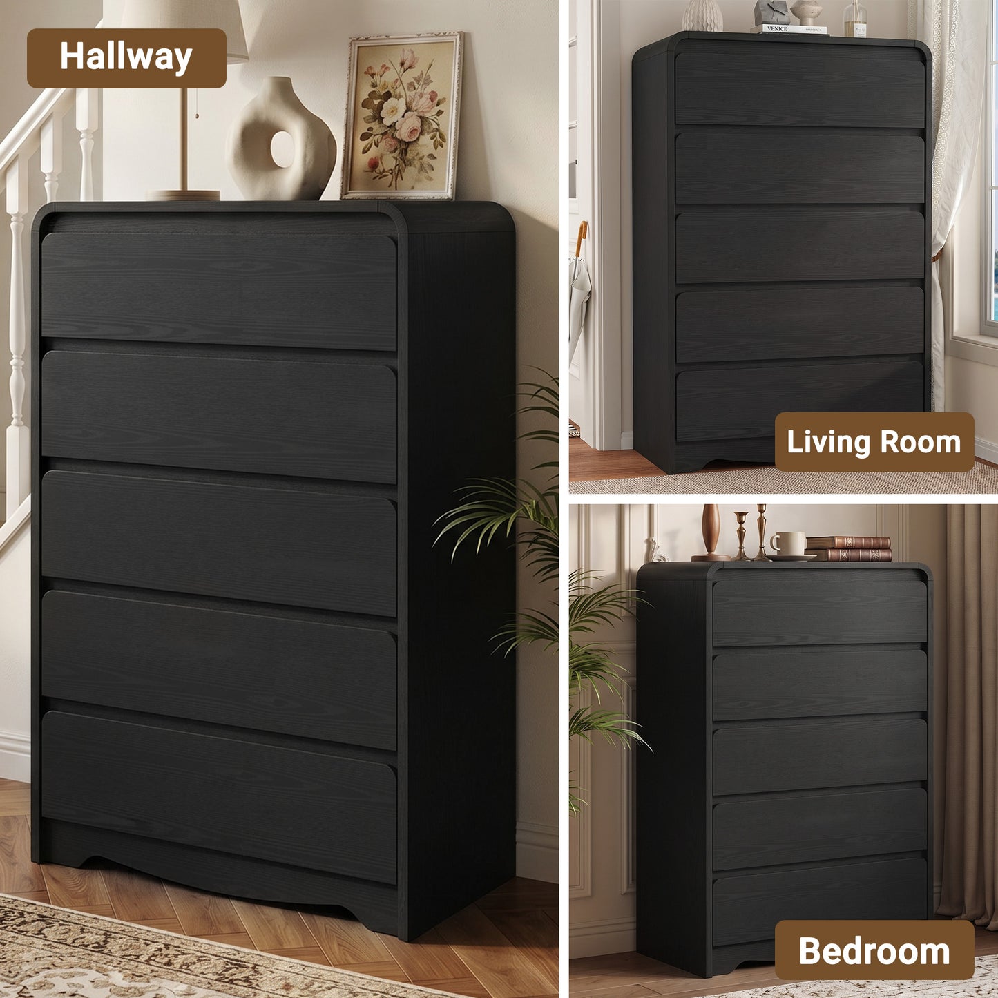 5 Drawer Tall Dresser – Modern Black Chest of Drawers with Anti-Tip, Space-Saving Storage for Bedroom, Hallway, Entryway (Black)