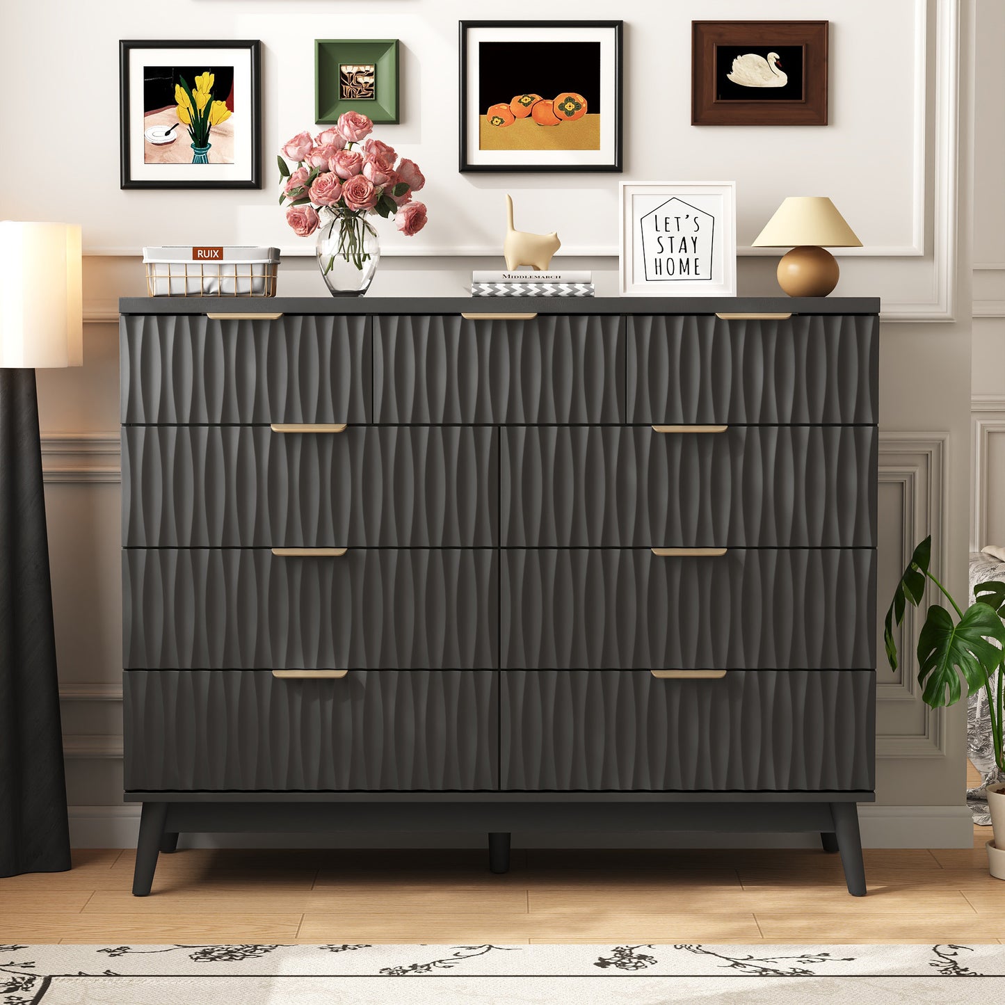 NEGYLIM 47" Wood Dressers with 9 Drawers for Bedroom, Fluted Wood Dresser Chest of Drawers for Bedroom, Storage Cabinet for TV Stand, Living Room, Entryway, Black
