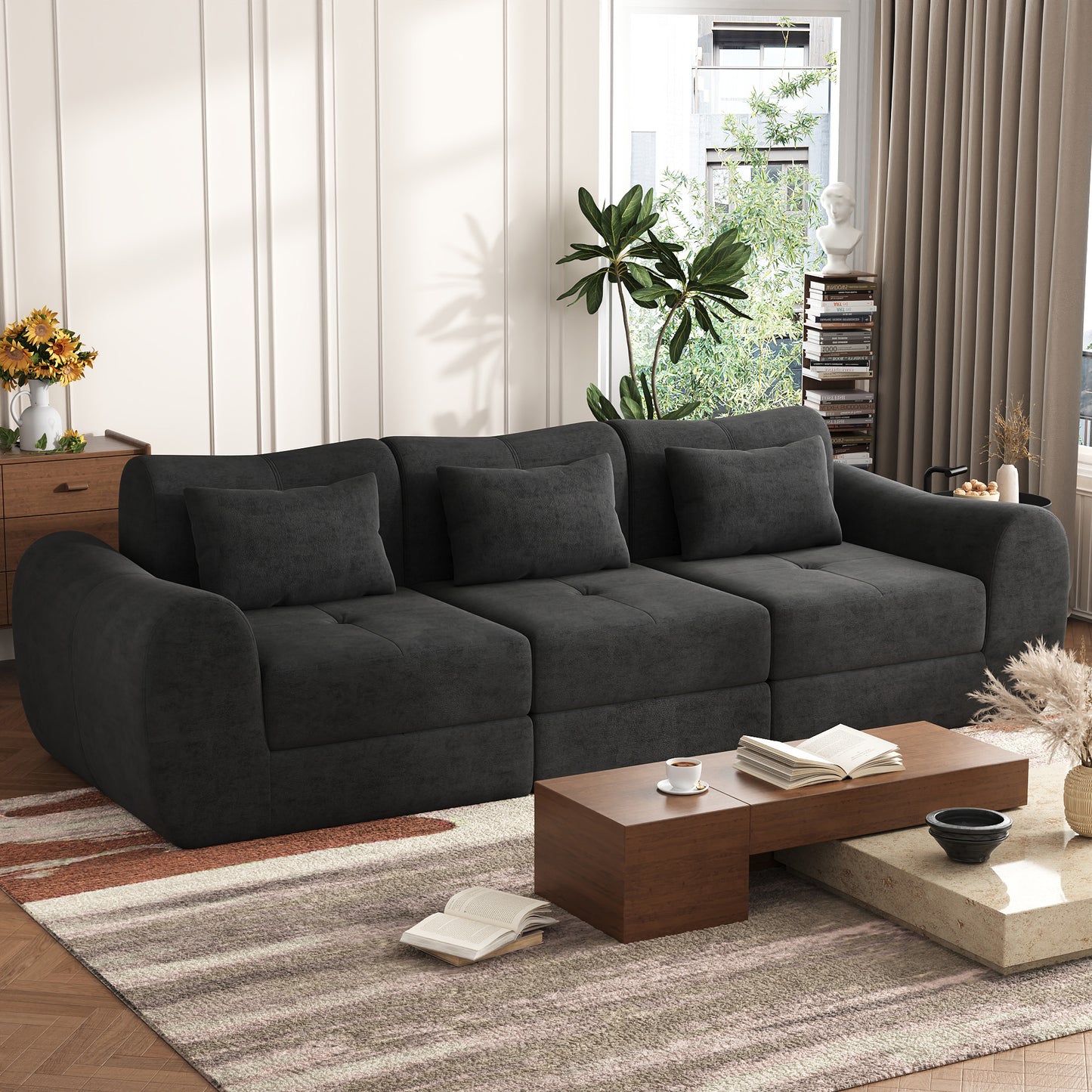 NEGYLIM 102" Modular Sectional Sofa, Chenille Cloud Sofa with Throw Pillows, Oversized Deep Seat Couch, Pet Friendly, No Assembly Required, Black
