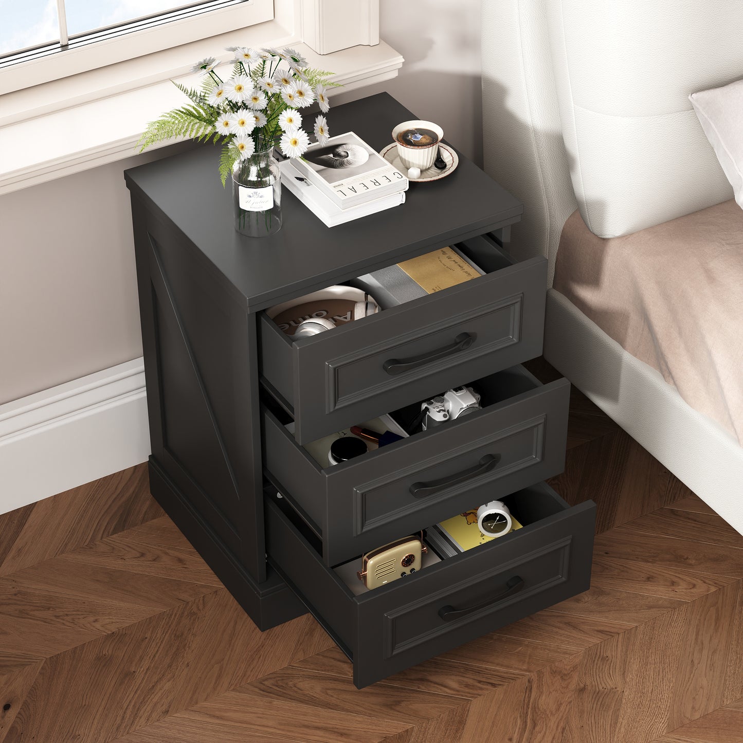 NEGYLIM 2-Piece Nightstand, Farmhouse End Table with Charging Station, 3 Drawers Storage for Bedroom