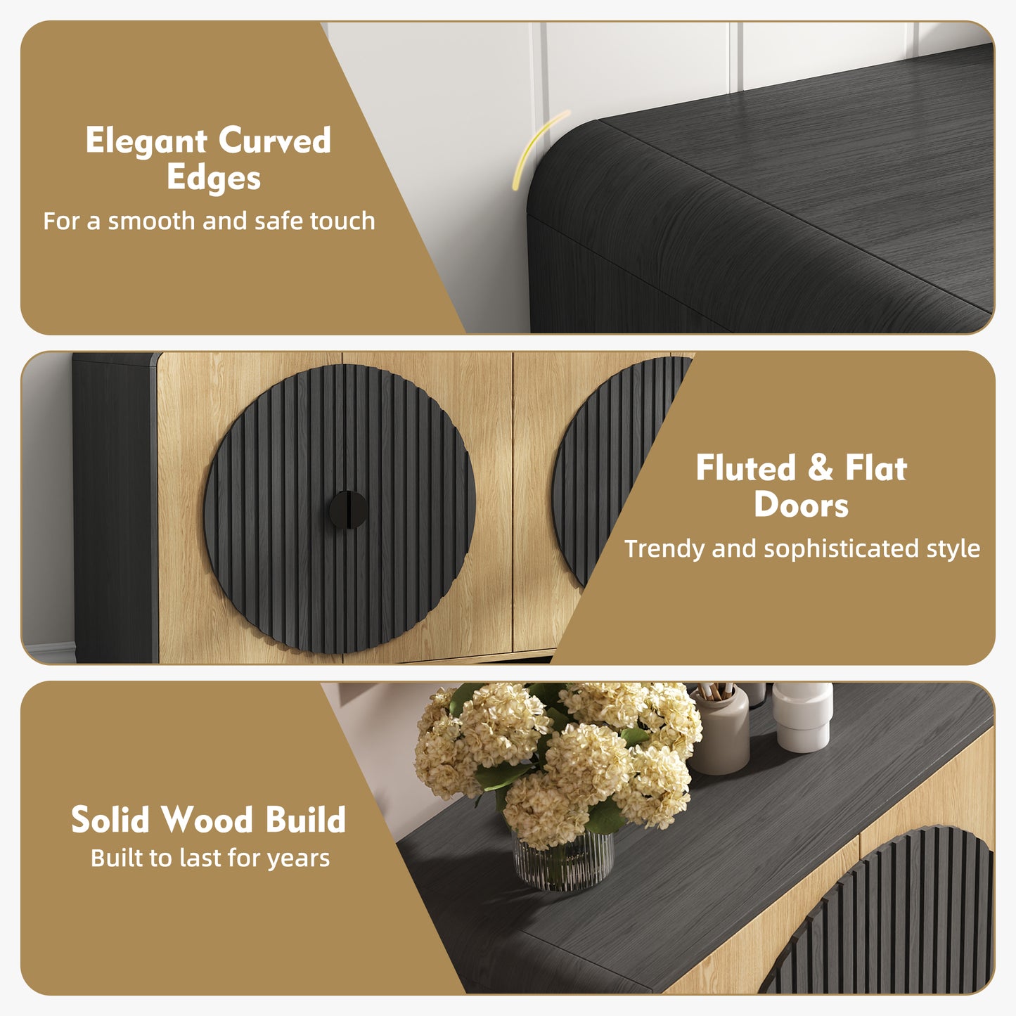 65" Large Sideboard Buffet Cabinet with Adjustable Shelves – Modern Farmhouse Coffee Bar & Dining Room Storage, Solid Wood Kitchen Table with Doors (Black)