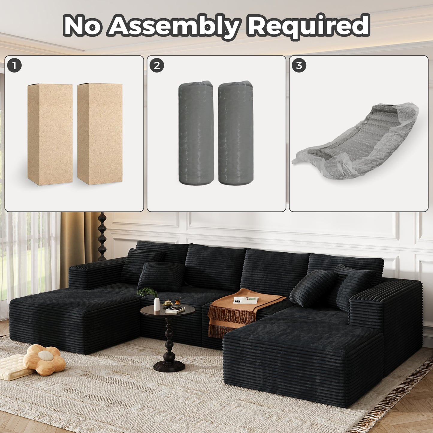 137 inch U-Shaped Sectional Sofa, Cloud-Like Big Modular Couch with Chaise, No Assembly Required, High Density Foam Never Sags, Soft Corduroy Fabric Sofa for Large Space, (Black)