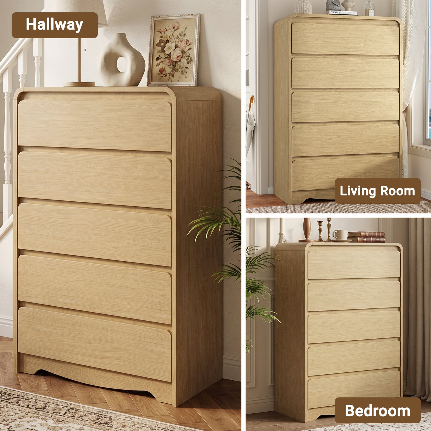 5 Drawer Tall Dresser – Modern White Chest of Drawers with Anti-Tip, Space-Saving Storage for Bedroom, Hallway, Entryway (Natural)
