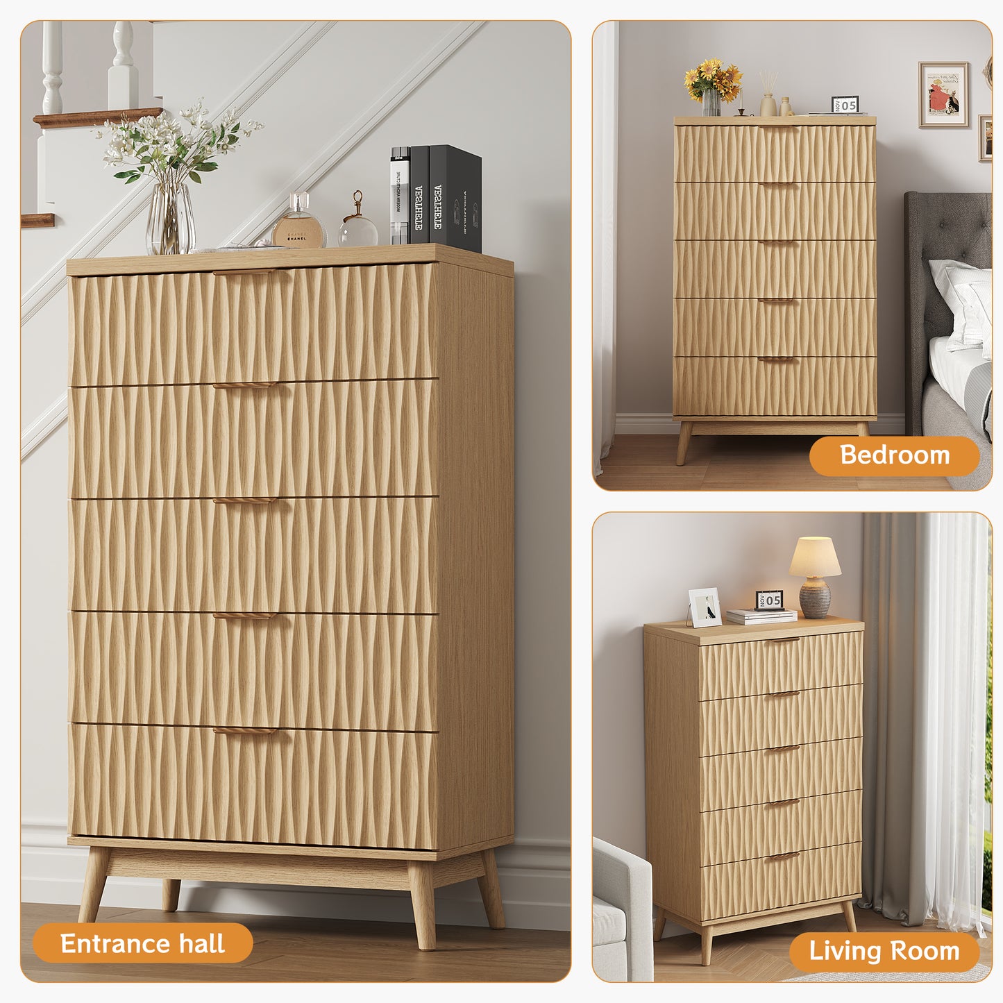 47" Tall 5 Fluted Drawer Dresser, Solid Wood Chest of Drawers with Glossy Handle, Storage Cabinet for Bedroom, Living Room, Entryway