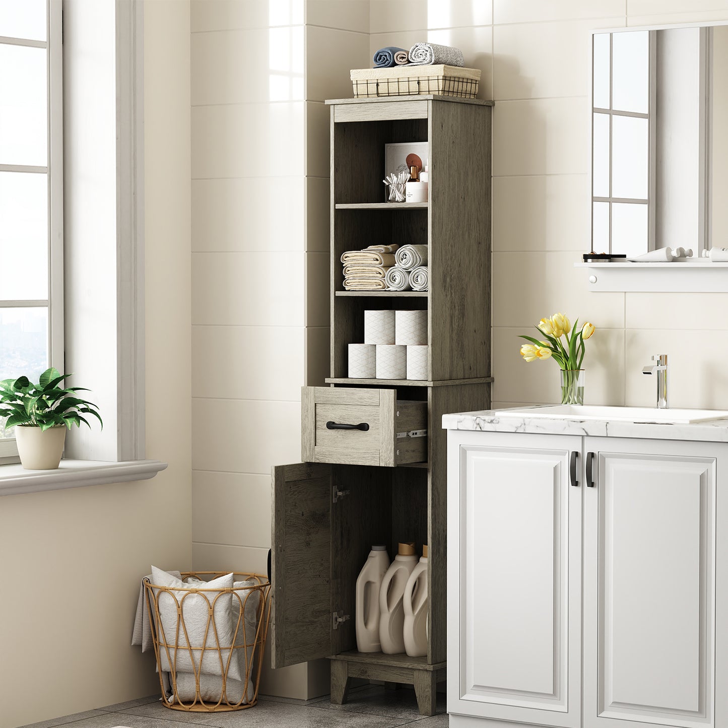 63” Tall Bathroom Storage Cabinet, Freestanding Linen Cabinet, Narrow Bathroom Storage with Barn Door and Drawer, Gray
