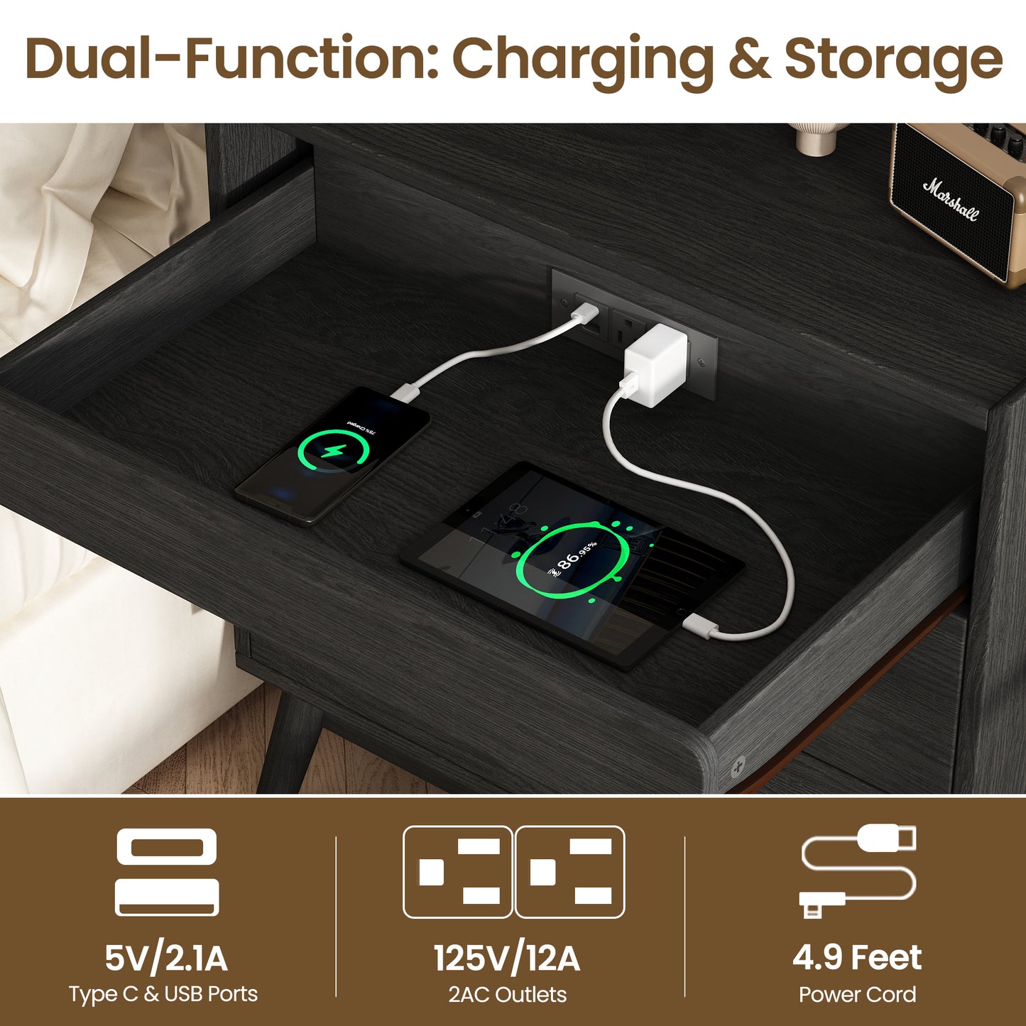 NEGYLIM 3-Drawer Nightstand with Hidden Charging Station, Wood Bedside Table 25" Height x 24" Width, Bedroom Furniture End Table, Black 1-Pcs