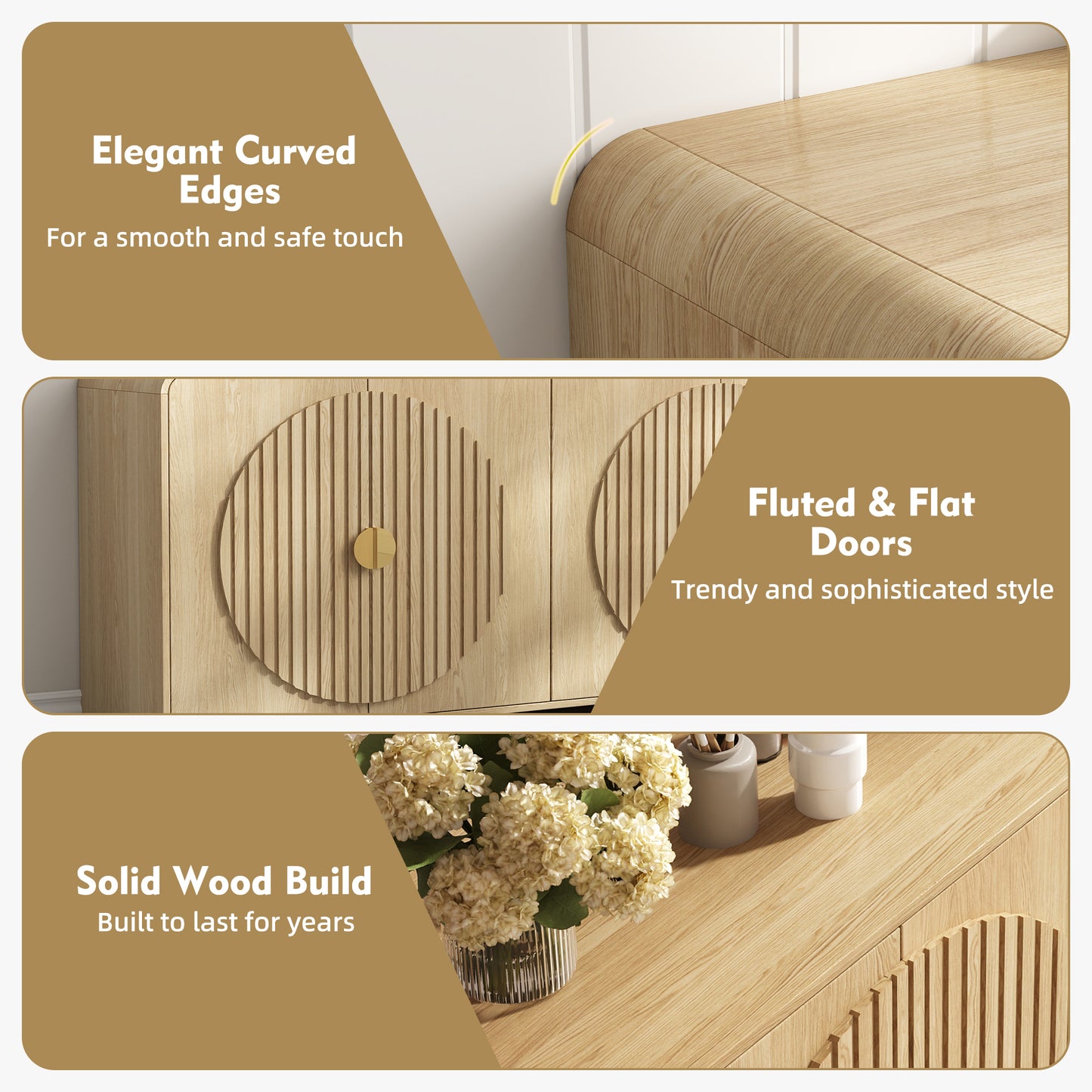 65" Large Sideboard Buffet Cabinet with Adjustable Shelves – Modern Farmhouse Coffee Bar & Dining Room Storage, Solid Wood Kitchen Table with Doors (Natural Finish)