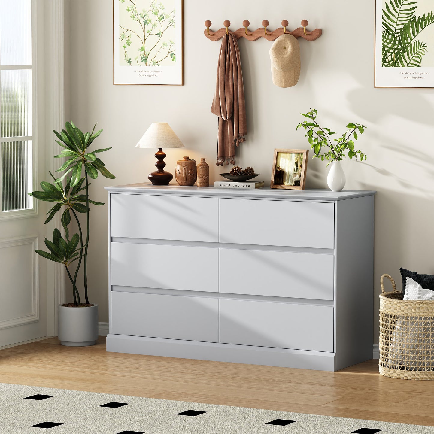 6 Drawer Dresser for Bedroom, White Dresser Double Chest of Drawers, Modern Wood Dressers with Deep Drawers for Living Room,Gray