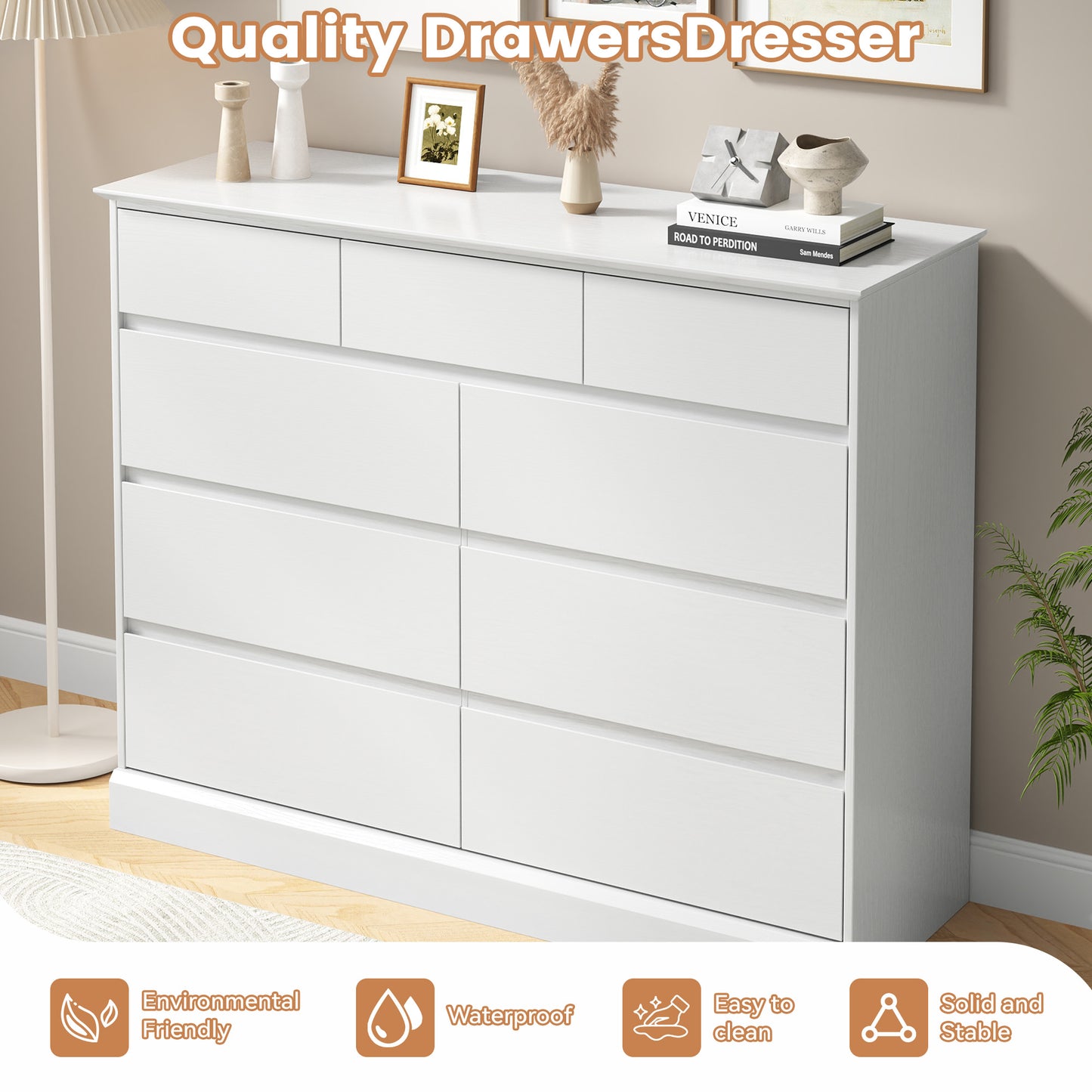 9 Drawers Dresser for Bedroom, Wood Chest of Drawers, Wide Closet Storage Dressers Organizer for Hallway, TV Stand for Living Room, White