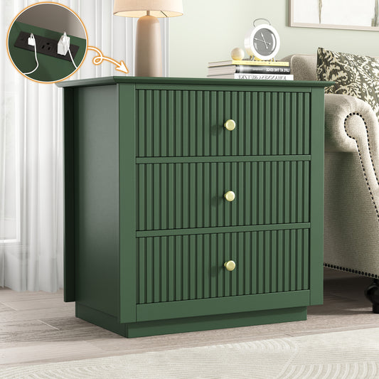 Modern Nightstand with Charging Station & 3 Drawers, 24 Inch Wide Bedside Table Set of 2 for Bedroom and Living Room, Large Storage End Table with Fluted Design, Green