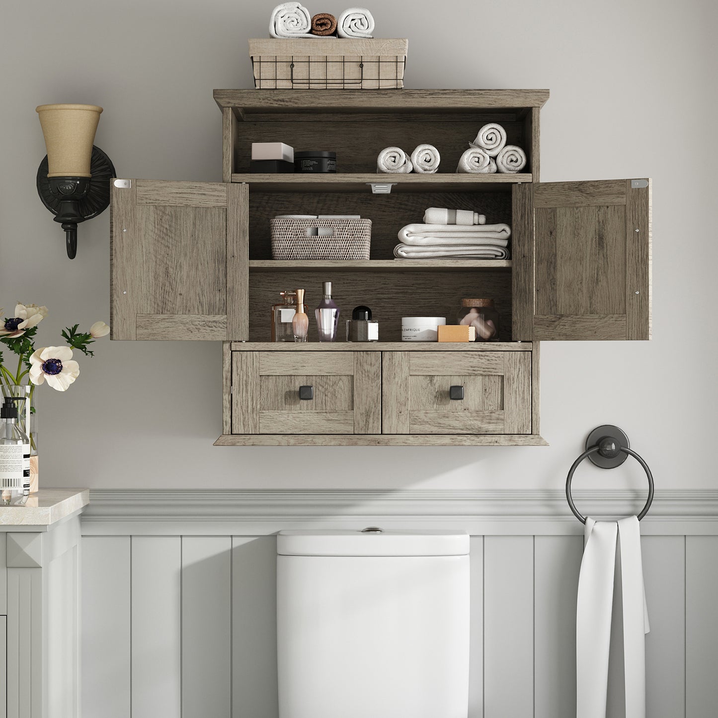 NEGYLIM Wall-Mounted Bathroom Cabinet with Barn Doors, Adjustable Shelf, 2 Drawers, Rustic Modern Style Storage Organizer for Toilet, Bathroom, Laundry Room