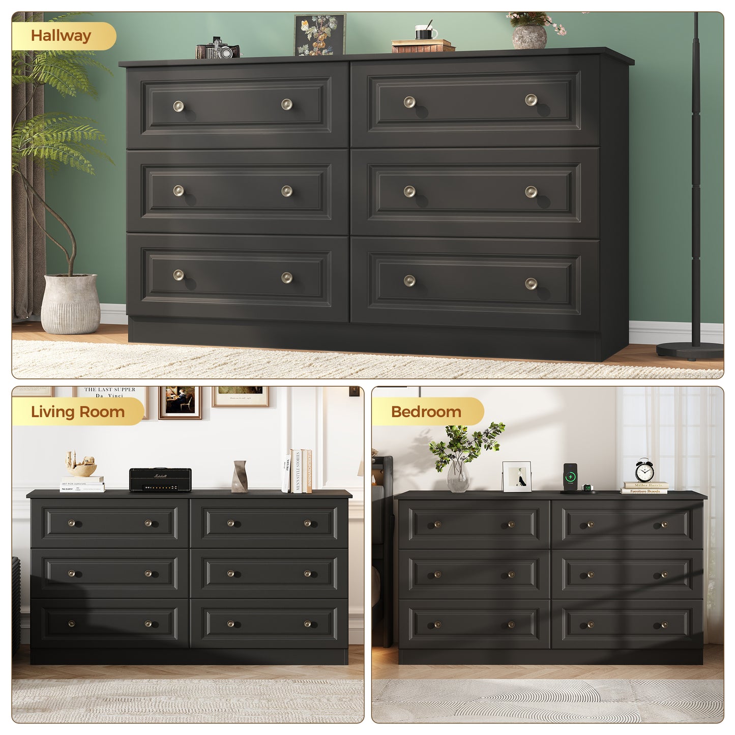 NEGYLIM 6-Drawer Black Dresser, 47-inch Wide Chest for Bedroom Storage, Farmhouse Style with Anti-Tip Safety