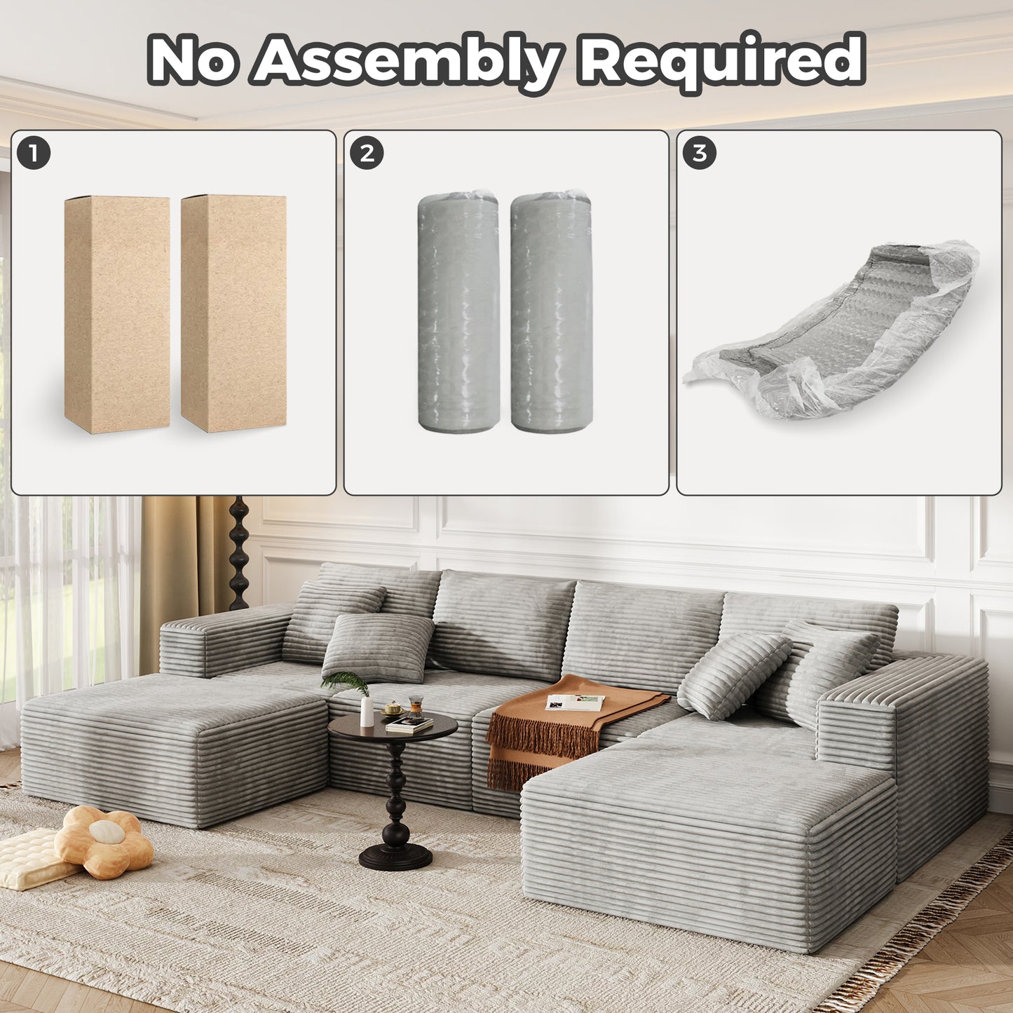 137 inch U-Shaped Sectional Sofa, Cloud-Like Big Modular Couch with Chaise, No Assembly Required, High Density Foam Never Sags, Soft Corduroy Fabric Sofa for Large Space, (White)