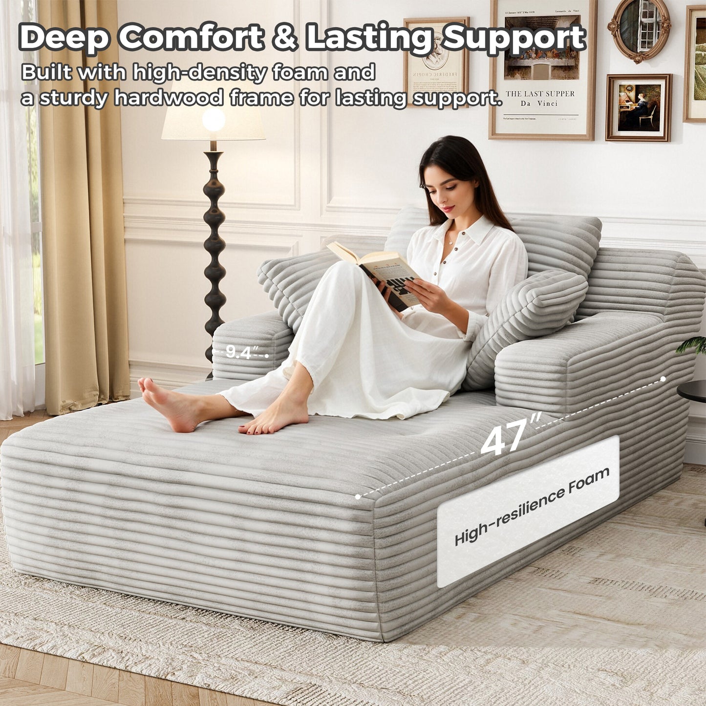 67'' Oversized Chaise Lounge Chair, Cloud Plush Corduroy Sofa Bed for Living Room, Modern Deep Seat Sleeper Couch with Back Cushion, No Assembly Required, (Oyster White)