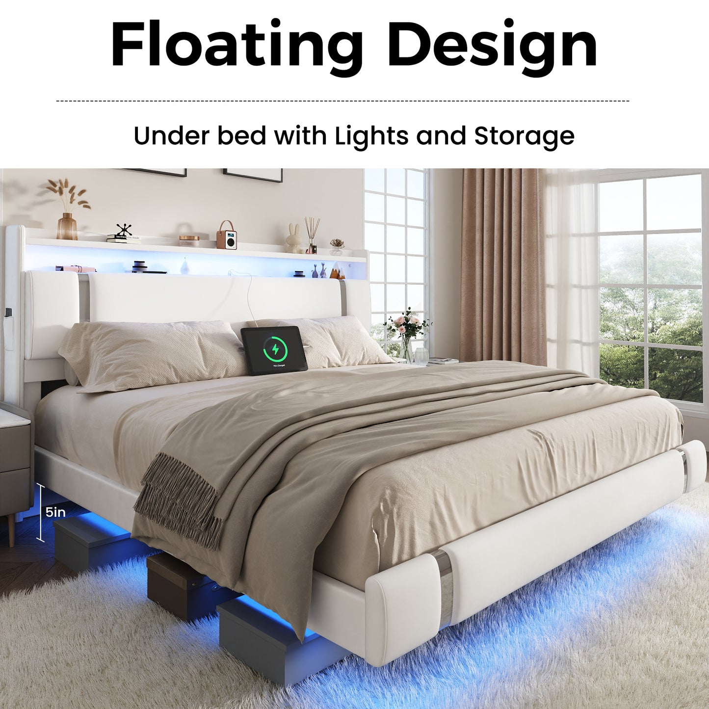 NEGYLIM Floating Bed Frame King Size with LED Lights, Easy to Assemble, Metal Platform Bed with Storage Headboard, No Box Spring Needed, White