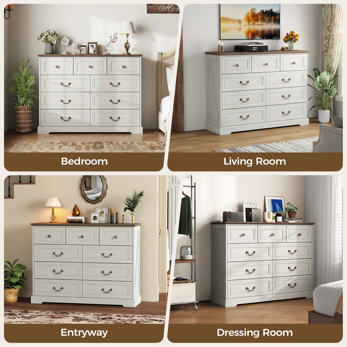NEGYLIM 9 Drawers Dresser for Bedroom Dressers & Chest of Drawers with Vintage Handles,Long White Dresser for Living Room,Hallway,Study(Rustic White)