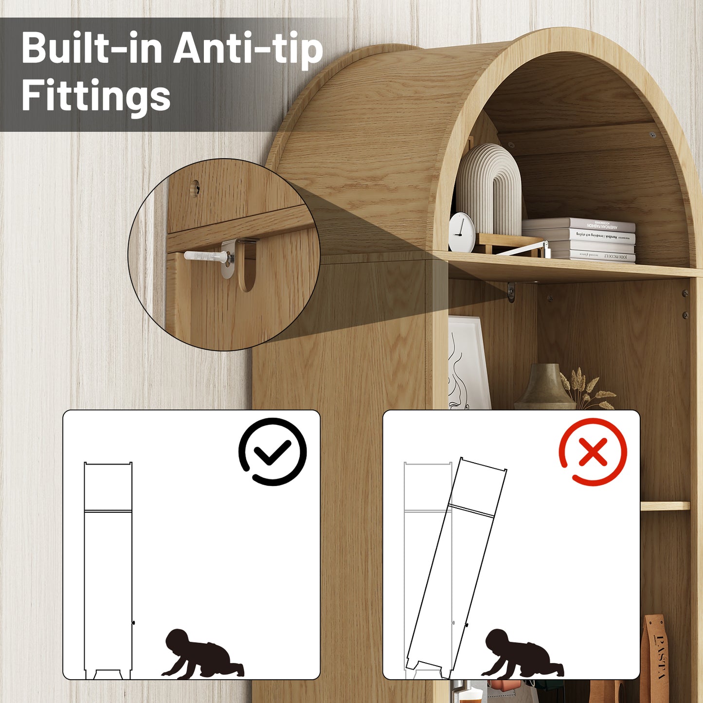 70'' Tall Arched Cabinet, Arched Kitchen Pantry Cabinet with 2 Doors and 5shelves, Open Storage Cabinets Display Bookcase, Versatile Cupboard for Living Room(Wood color)