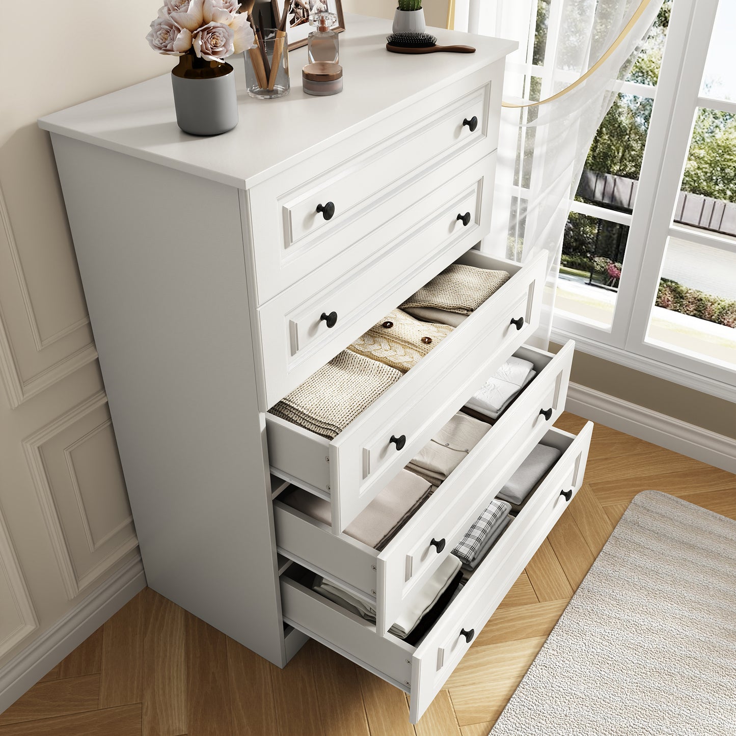 NEGYLIM 5 Drawer Dresser Tall, Modern White Chest of Drawers with Anti-Tip, Large Storage for Bedroom, Hallway, Entryway, (White)