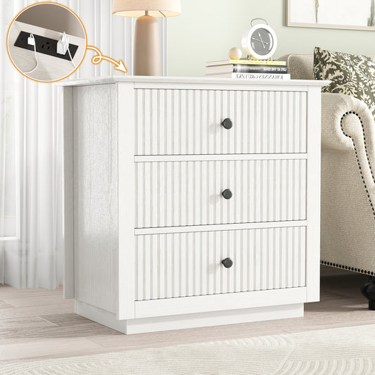 Modern Nightstand with Charging Station & 3 Drawers, 24 Inch Wide Bedside Table Set of 2 for Bedroom and Living Room, Large Storage End Table with Fluted Design, White