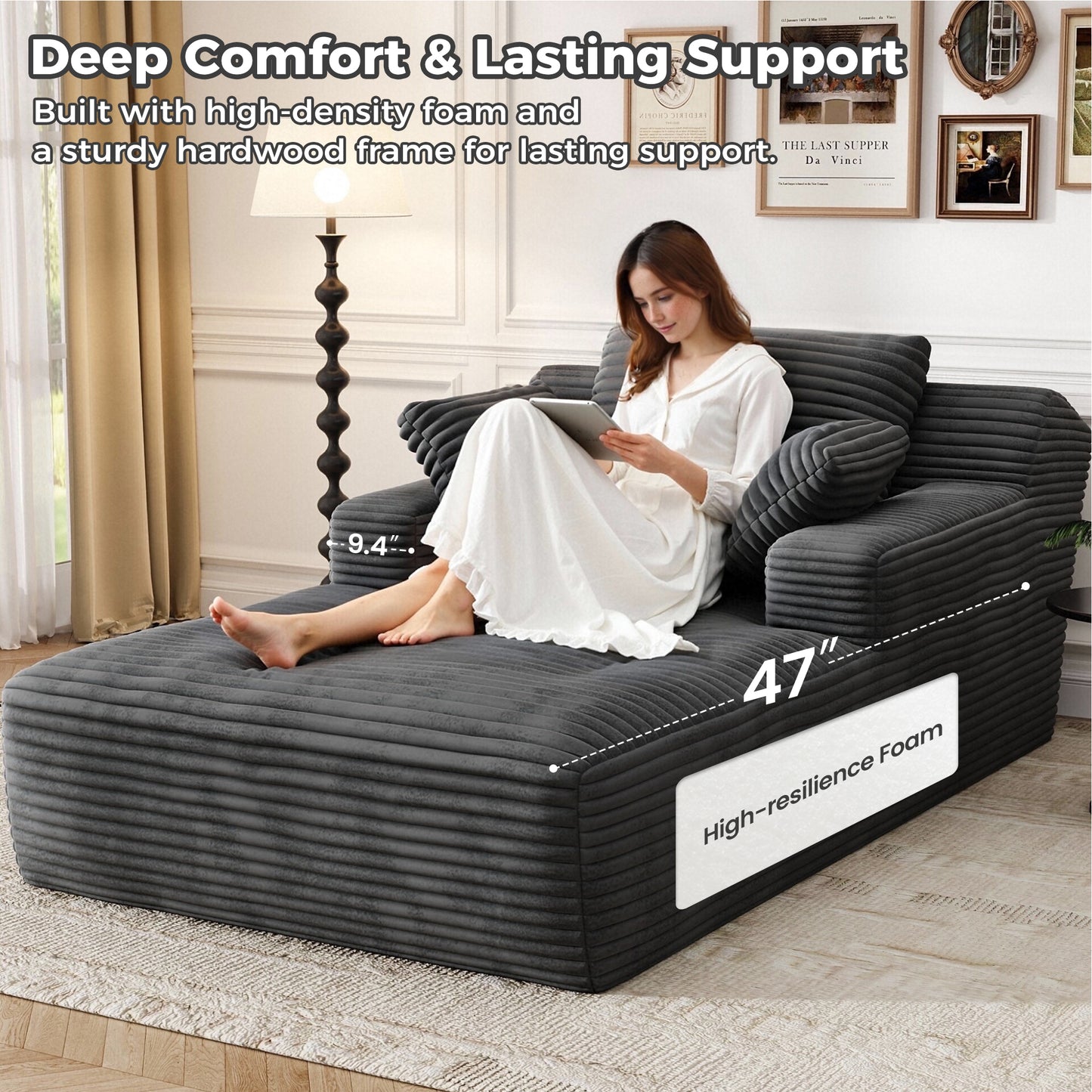 67'' Oversized Chaise Lounge Chair, Cloud Plush Corduroy Sofa Bed for Living Room, Modern Deep Seat Sleeper Couch with Back Cushion, No Assembly Required, (Charcoal)