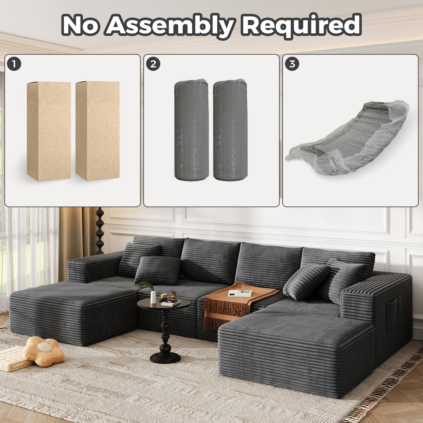 137 Inch Charcoal Cloud Sectional Sofa forf living room , No Sagging Foam U-Shaped Modular Couch, Big Couch Includes 4 Back Cushions & 4 Pillows, No Assembly Required
