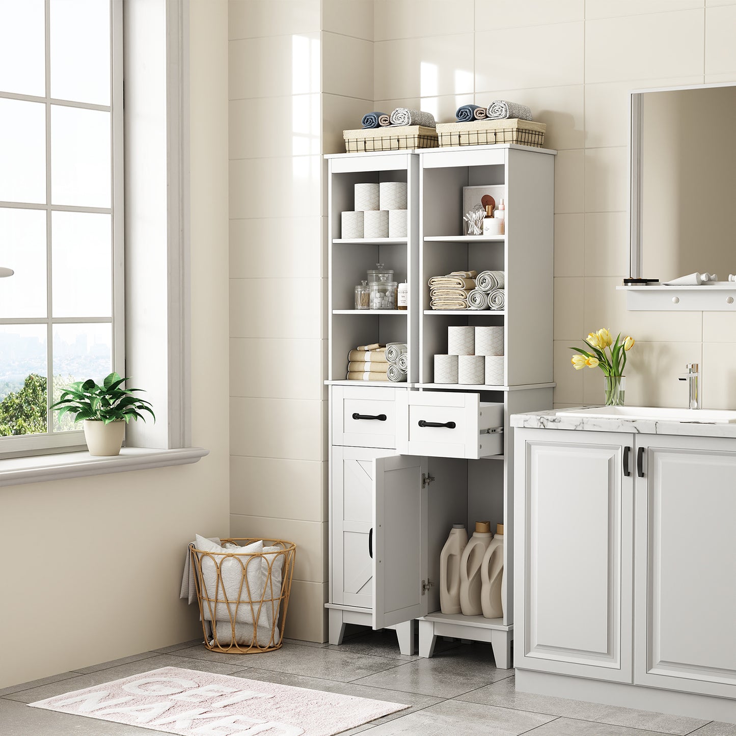 63” Tall Bathroom Storage Cabinet, Freestanding Linen Cabinet, Narrow Bathroom Storage with Barn Door and Drawer, White