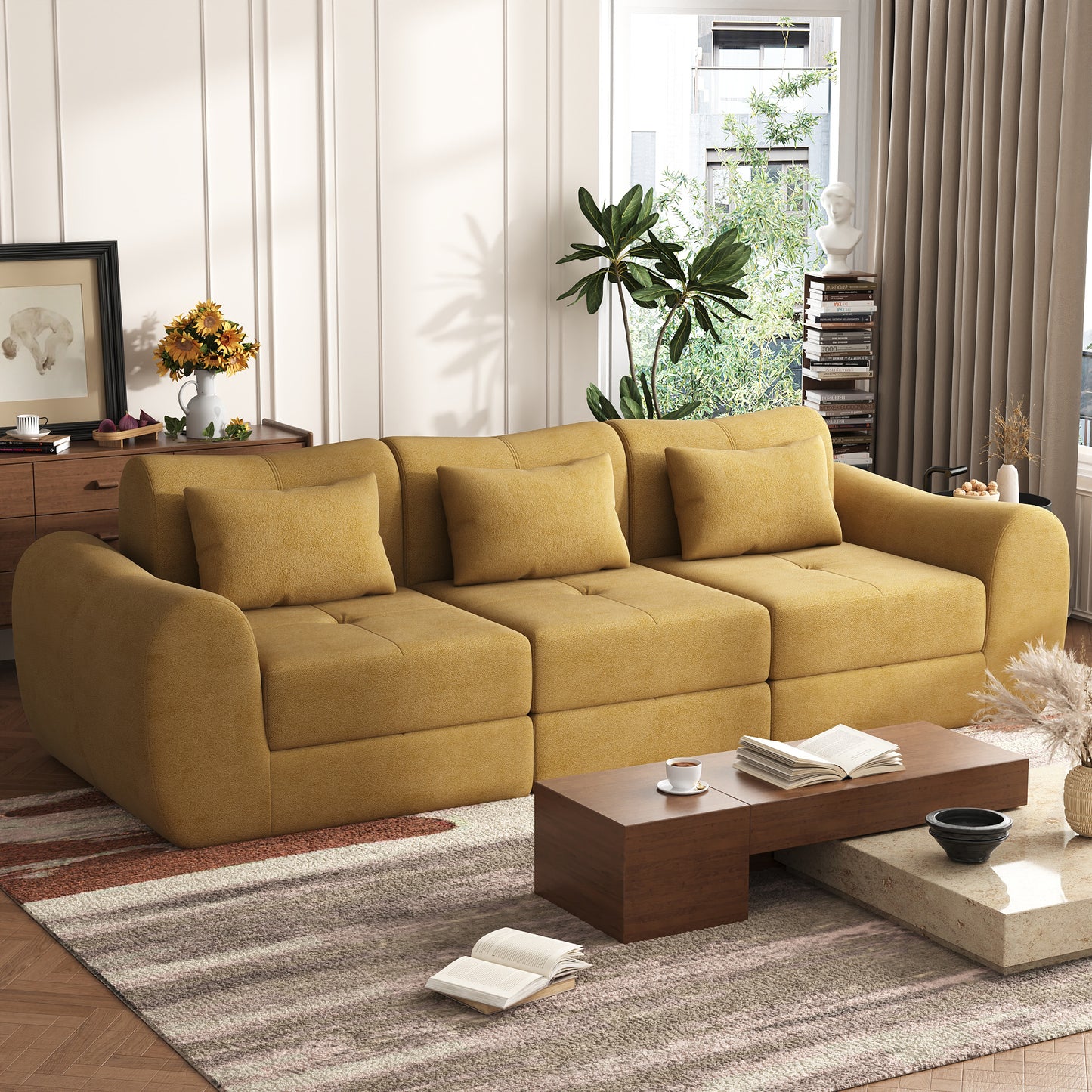 NEGYLIM 102" Modular Sectional Sofa, Chenille Cloud Sofa with Throw Pillows, Oversized Deep Seat Couch, Pet Friendly, No Assembly Required, Mustard Yellow