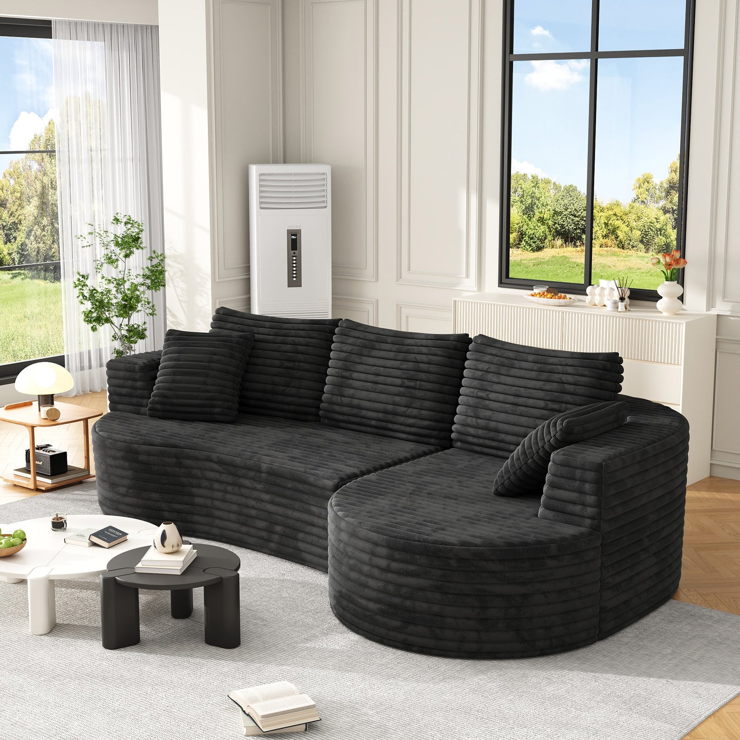 118" Curved Modular Cloud Couch, L-Shape Chaise Sectional Sofa with Plush Deep Seat, Soft Corduroy Upholstered Boneless Sofa for Living Room, No Assembly Needed, Black