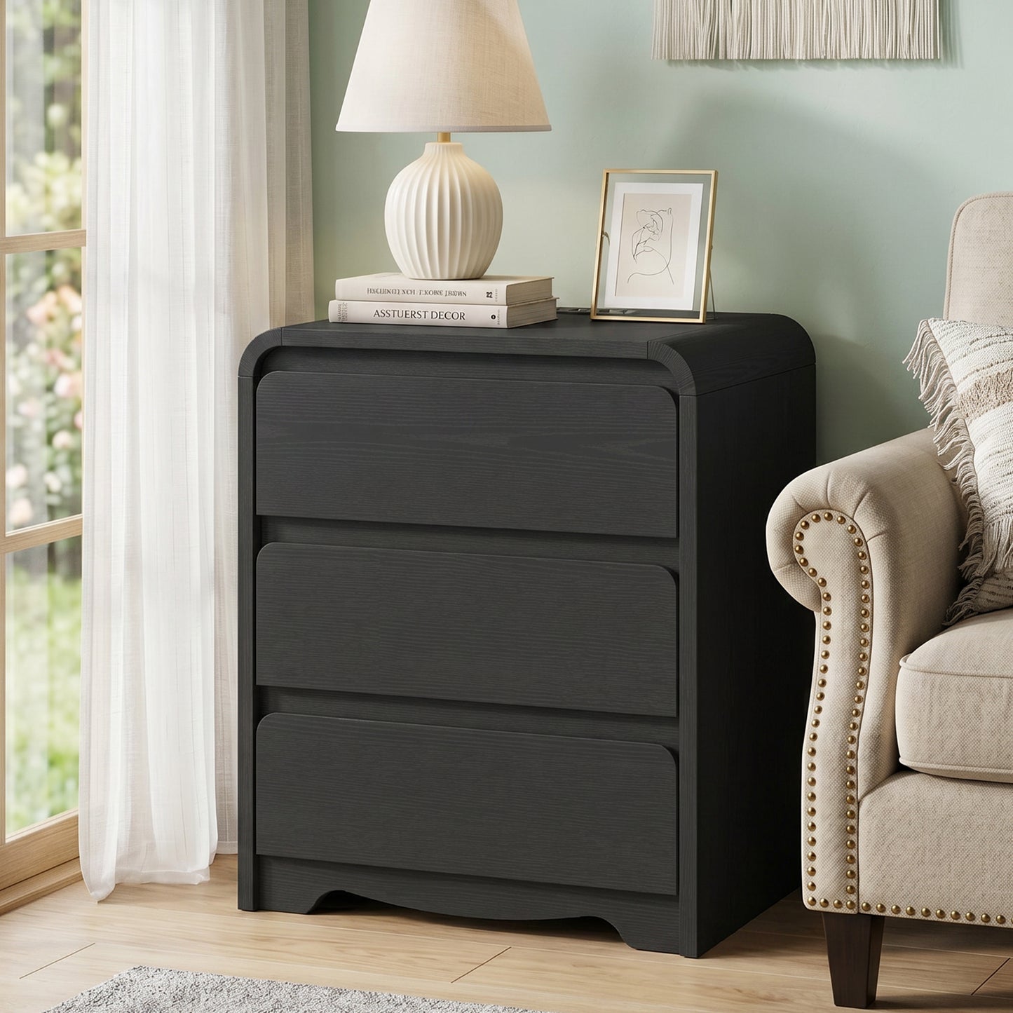 3 Drawers Modern Nightstand with Charging Station, Bedside Table for Bedroom and Living Room, Large Storage End Table with Curved Design, Black