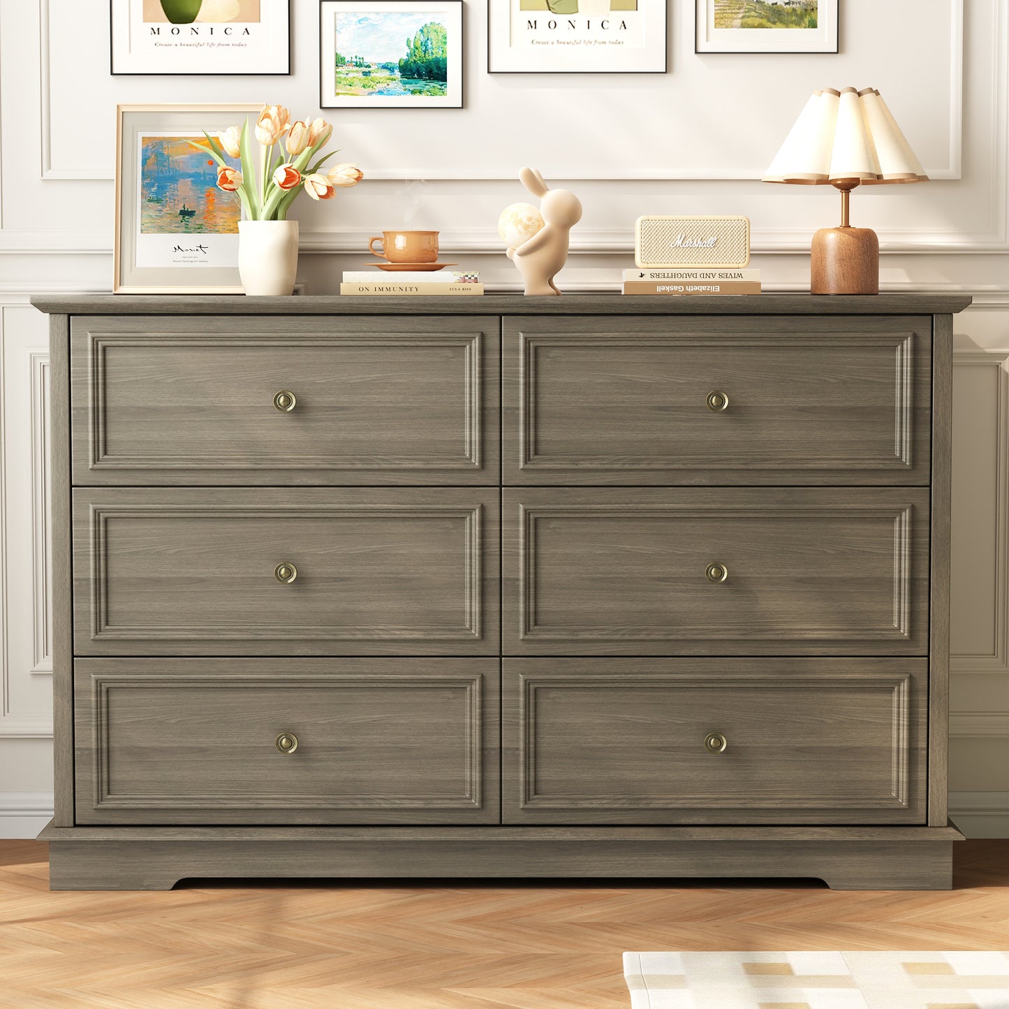 6 Drawer Chest of Drawers, Modern Storage Cabinet Dresser Organizer Unit with Antique Bronze Round Handles for Living Room, Closet, Hallway, Entryway