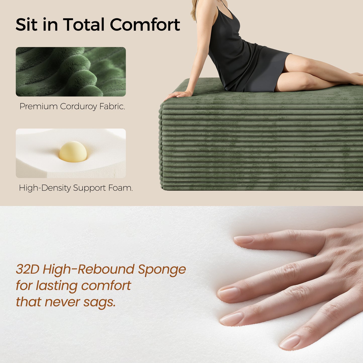 Large Oversized Ottoman Bench for Living Room, Extra Seating & Coffee Table for Sofa, Plush Corduroy Pouf Footrest, No Assembly Needed, Rectangle Floor Ottoman, (Sage Green)