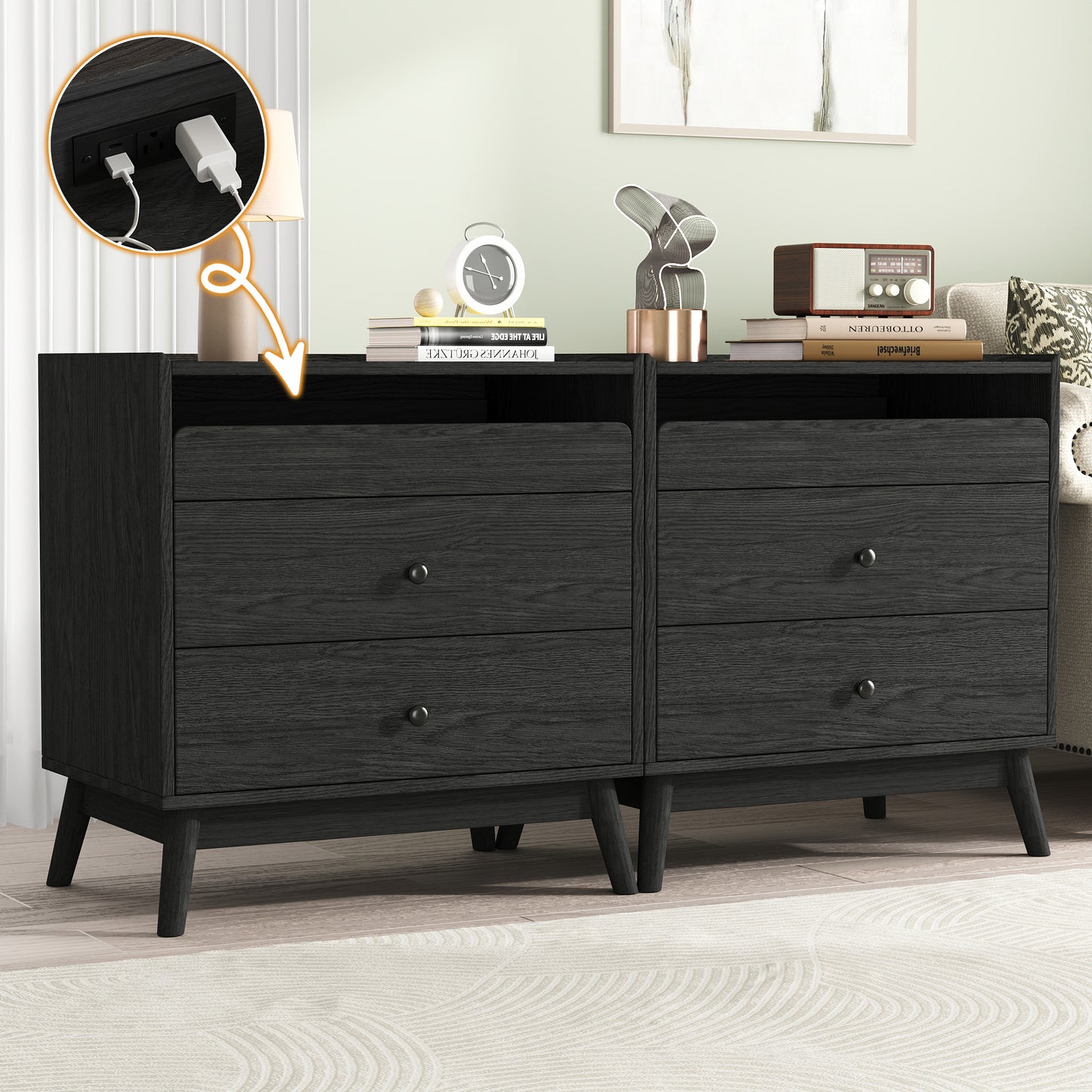 NEGYLIM 3-Drawer Nightstand with Hidden Charging Station, Wood Bedside Table 25" Height x 24" Width, Bedroom Furniture End Table, Black 2-Pcs