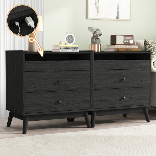 NEGYLIM 3-Drawer Nightstand with Hidden Charging Station, Wood Bedside Table 25" Height x 24" Width, Bedroom Furniture End Table, Black 2-Pcs