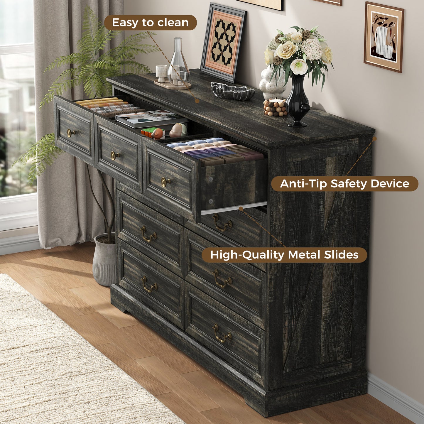 NEGYLIM 9 Drawers Dresser for Bedroom Dressers & Chest of Drawers with Vintage Handles,Long Wooden Dresser for Living Room,Hallway,Study(Dark Rustic Oak)
