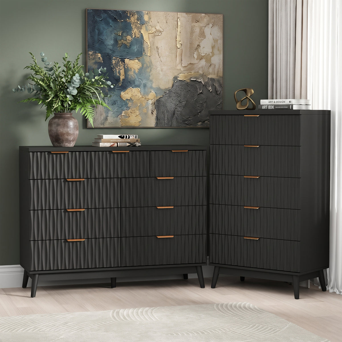 2-Piece Natural Fluted Dresser Set, Modern Ribbed Chest of Drawers, Tall Dresser for Bedroom Living Room Hallway Entryway, (Black)