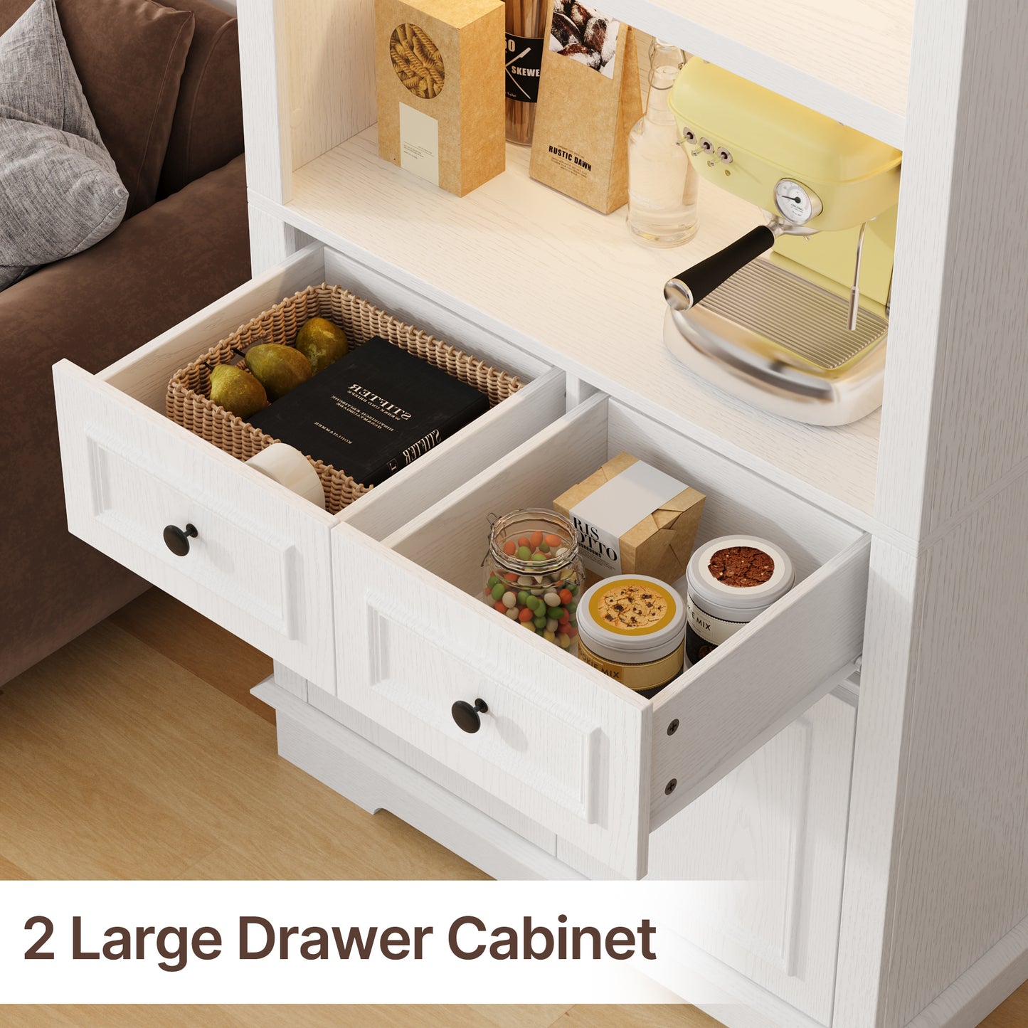 Negylim White Arched Display Coffee Station Cabinet with LED Lights, Freestanding Wooden Storage Unit with Open Shelving, Drawers & Enclosed Cabinet for Kitchen & Living Room Beverage Organizer