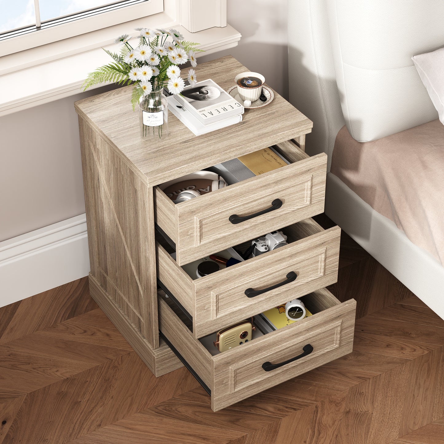 NEGYLIM Nightstand, Farmhouse End Table with Charging Station, 3 Drawers Storage for Bedroom