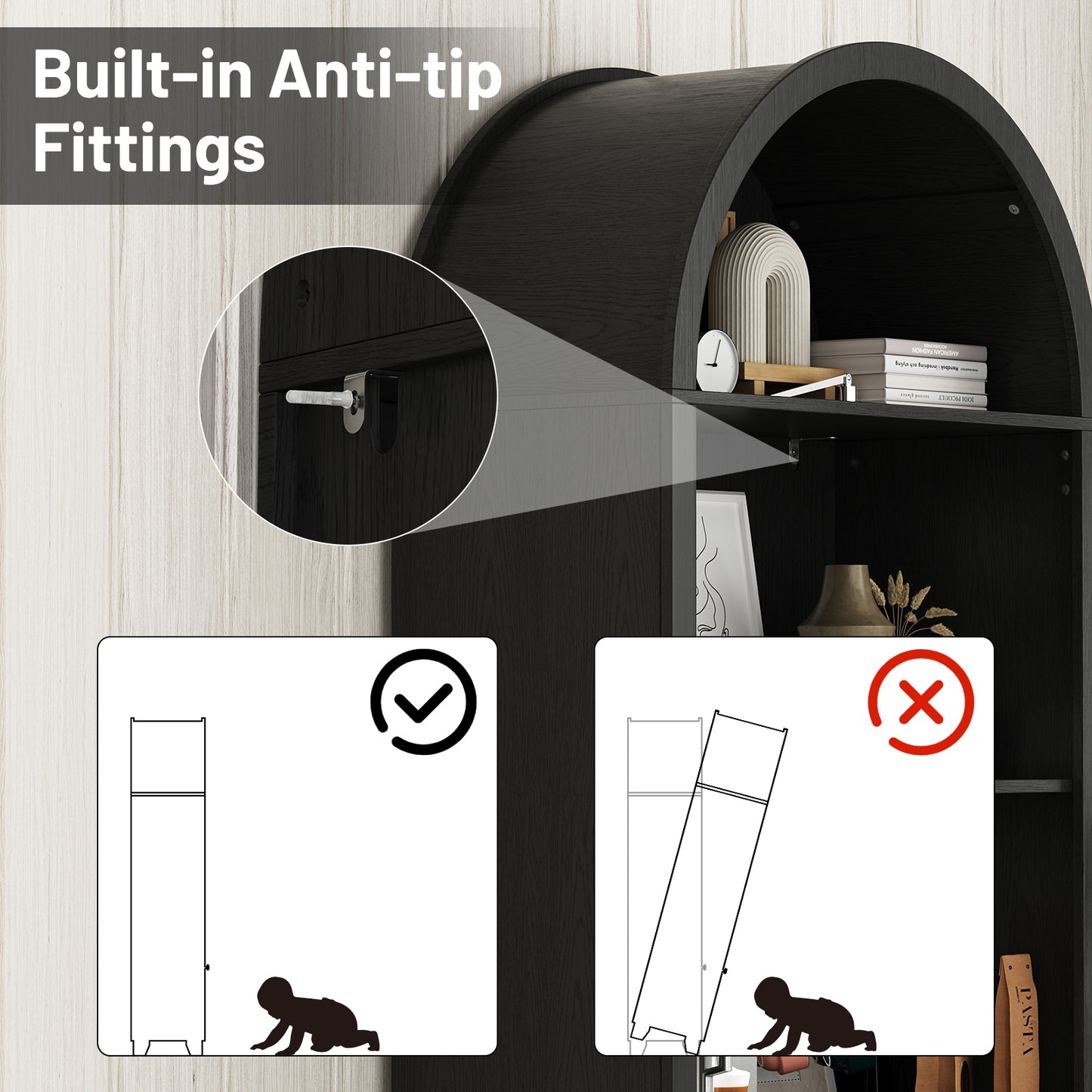 70'' Tall Arched Cabinet, Arched Kitchen Pantry Cabinet with 2 Doors and 5shelves, Open Storage Cabinets Display Bookcase, Versatile Cupboard for Living Room(Black)